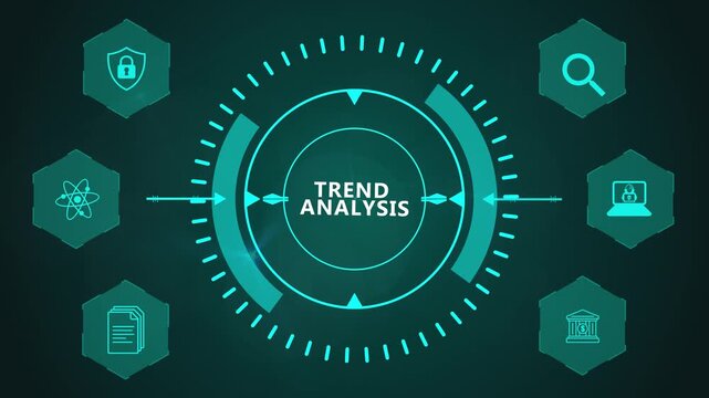 Trend Analysis Interface Showing Futuristic Circular Business Monitoring System with Interactive Technology Graphics on Dark Background