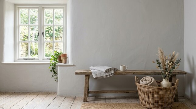 Empty Soft Grey Wall Mockup in Farmhouse Interior with Wooden Bench and a Wicker Basket. Natural Daylight From a Window. Promotion Background.