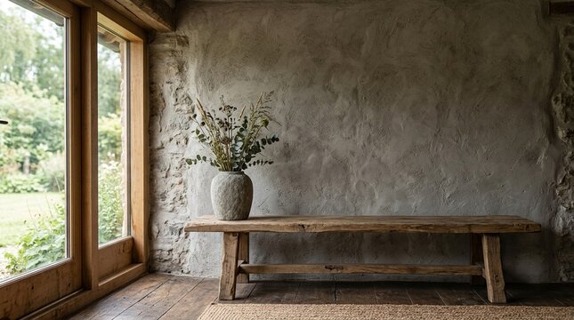 Empty Stone Grey Wall Mockup in Rustic Interior with Natural Stone Vase on a Wooden Bench. Natural Daylight From a Window. Promotion Background.