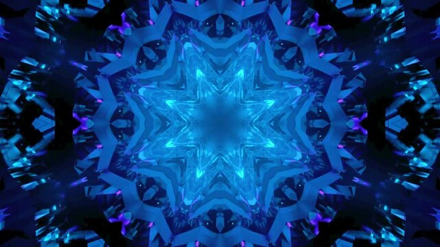 High-tech 3D sci-fi tunnel animation featuring a symmetrical blue crystal pattern rotating in a continuous cosmic wormhole loop.
