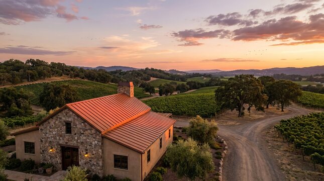 Aerial view of a rustic stone winery building nestled in rolling vineyard hills at sunset.
