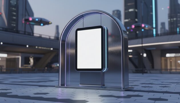 futuristic modern design of public area information signboard neon screen touchscreen interactive blank empty white billboard or menu smart kiosk machine street advertisement display mockup template