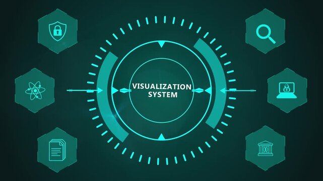 Visualization System Display Featuring Circular Analytics Graphics and Interactive Corporate Technology Interface on Dark Background