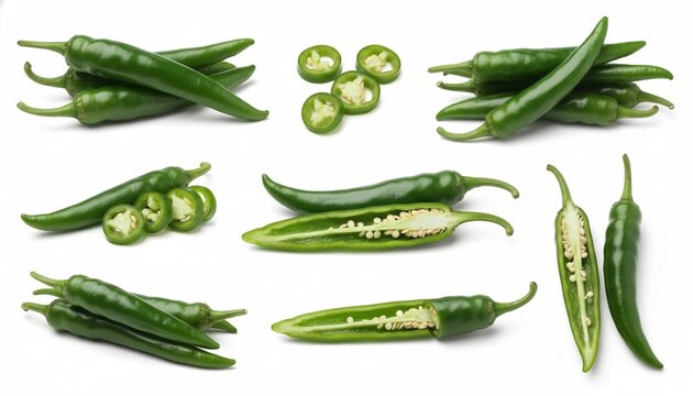 Green chili chilli chilies pepper fruit vegetable, many angles view side top front group slice cut on white background cutout. Mockup template for artwork graphic design