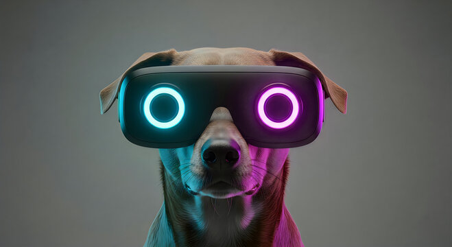 Dog wearing virtual reality headset with glowing eyes
