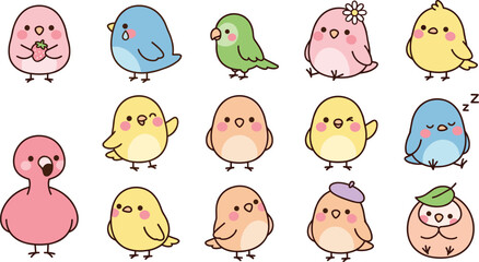 Cute Kawaii Baby Bird Collection Featuring Adorable Pastel Cartoon Chick Characters in Funny Poses for Kids Vector Illustration Set © MstSuborna