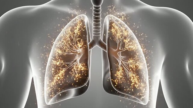 Detailed Illustration of Human Lungs with Glowing Bronchial Tree Against Neutral Background for Medical and Educational Use