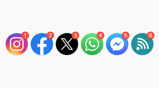 Social Media Icon Set for Popular Mobile Apps Including Instagram, Facebook, X, WhatsApp, Messenger, and RSS Feed. Digital Communication Logos with Red Notification Badges on White Background.