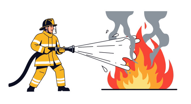 Firefighter bravely battling a raging inferno with a powerful water stream.