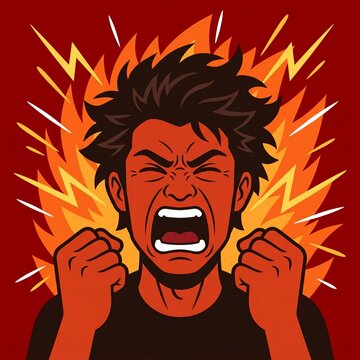 Angry Man Screaming with Fire and Lightning