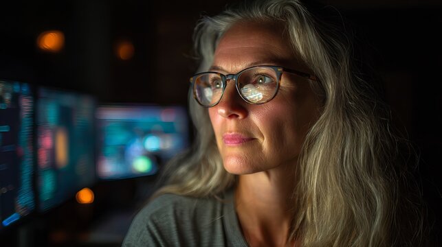 A focused woman with glasses looks at screens in a dark room with a thoughtful expression.