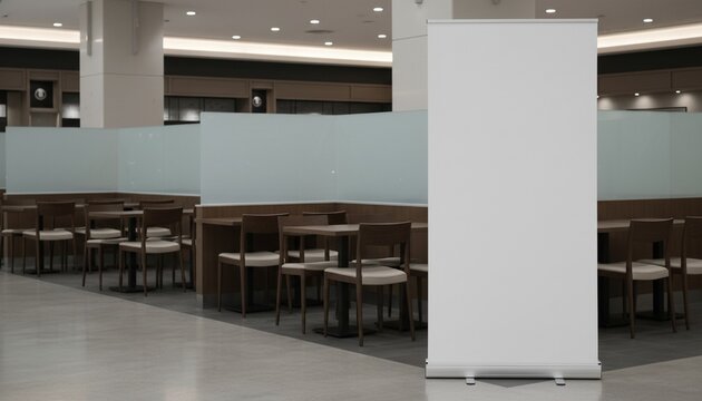 Roll Up Mockup Poster Stand in Shopping Center Restaurant Mall Environment