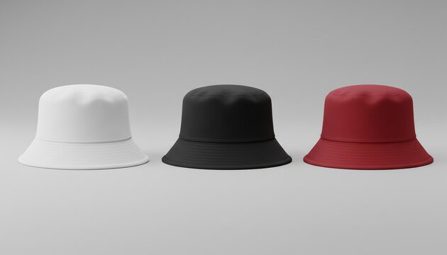 Set of blank white, black and red bucket hat mockup template isolated on grey background