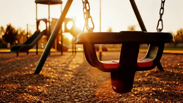 Empty swing set at sunset in a park with playground equipment