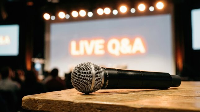 Professional microphone resting on a rustic wooden table in front of a brightly lit stage with a 'live qa' screen