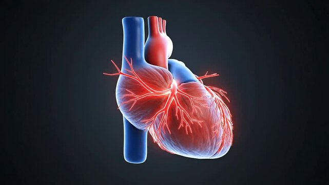 Dynamic 3D Rendering Of Human Heart Anatomy Highlighting Blood Flow Against A Plain Black Background For Medical Presentations