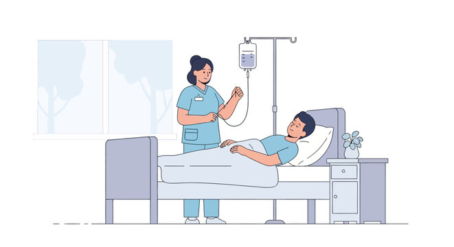 Nurse Adjusts IV Drip for Patient in Hospital Room