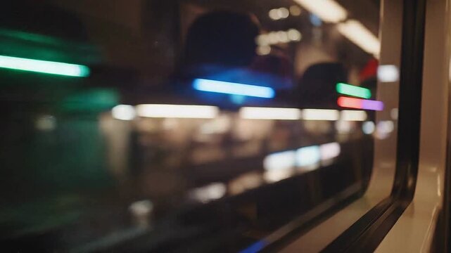 Blurred neon reflections and vibrant light trails dance across the window of a swiftly moving train, capturing the essence of an urban night journey