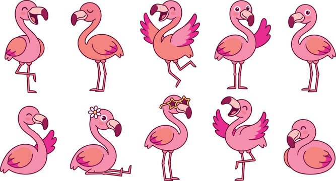Cute Pink Flamingo Cartoon Collection Featuring Funny Dancing Sitting and Smiling Flamingo Characters in Playful Kids Vector Illustration Set