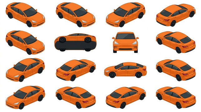 Collection of Orange Cars in Various Isometric Views.