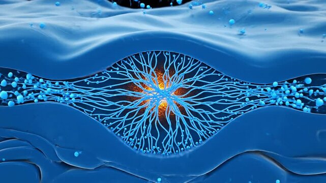 Dynamic Illustration of Wound Healing Process in Skin Layers with Blue Epidermal and Dermal Structures Highlighting Cellular Interactions