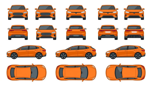 Collection of orange cars shown from multiple angles.