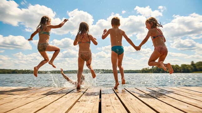 Children jumping off a wooden pier into a lake on a sunny summer day.