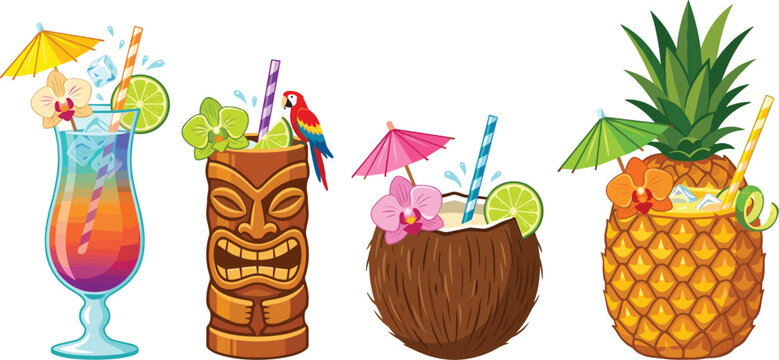 Tropical Cocktail and Tiki Bar Drink Vector Set with Coconut Pineapple Hurricane Glass Orchid Flowers and Parasol Umbrellas for Summer Beach Party Designs