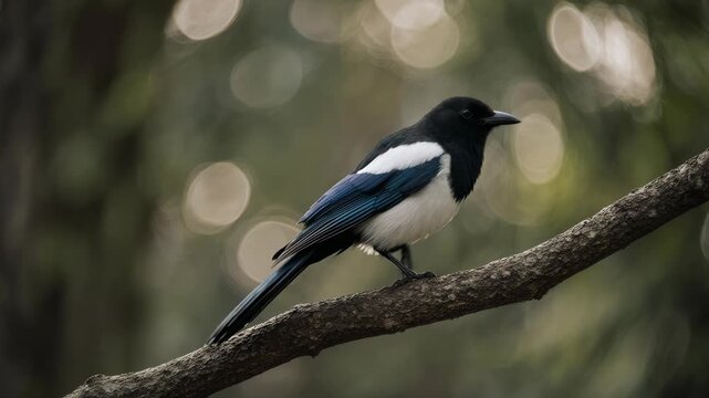 A high-detail shot of a Common Magpie with striking black and white feathers, perched on a textured tree branch against a beautiful soft-focus bokeh background.