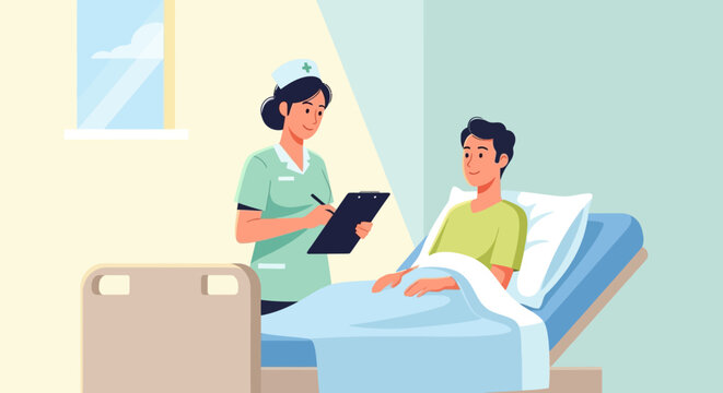 Nurse checking patient's health in hospital room vector illustration