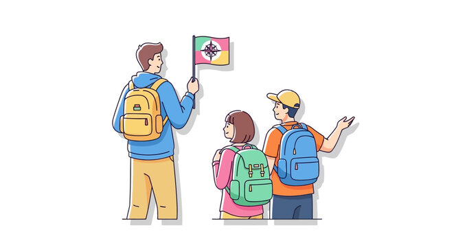 Group of students with backpacks and flag on a trip.
