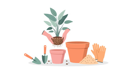 Obraz premium Gardening tools and plant transplanting illustration.