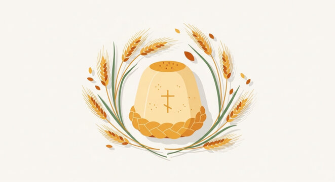 Flat Illustration of Traditional Easter Bread Kulich with Cross and Wheat Wreath on Cream Background