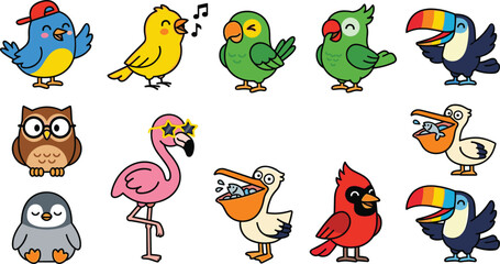 Fototapeta premium Cute Cartoon Bird Character Collection Featuring Toucan Flamingo Owl Penguin Pelican and Parrot in Funny Kids Vector Illustration Set