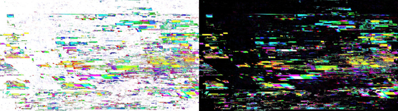 Intense horizontal glitch pattern with yellow and green pixels on transparent background