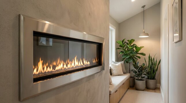 Modern stainless steel gas fireplace built into a wall with cozy plant nook in the background.