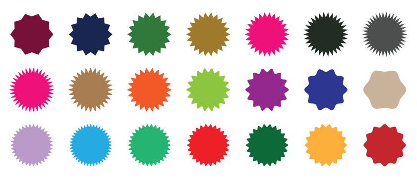 Circle with  wavy zigzag edge colorful set. vector round, square and rectangular shapes with scalloped wavy zigzag edges, starburst sticker shape, star, sale, price tag, circle and oval label, 