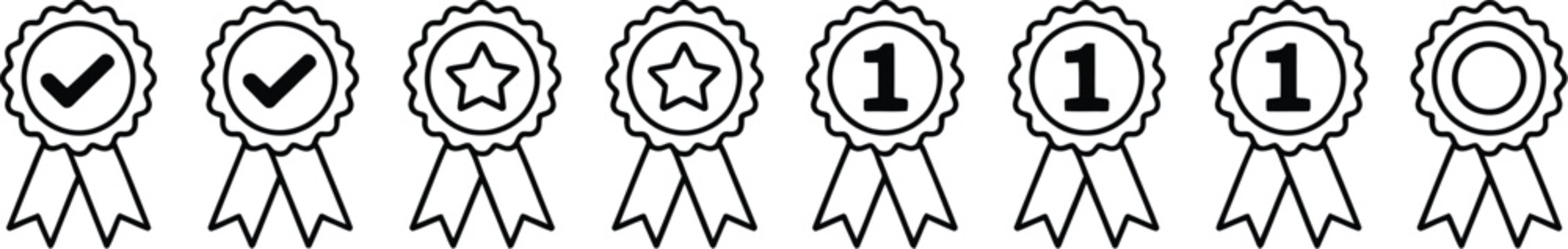 Award badge icon set, vector ribbons medals and rosette symbols for quality certification achievement recognition and premium label design.