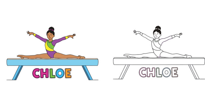Gymnast Girl Named Chloe Performing a Split on a Balance Beam, Colorful Illustration and Black and White Line Art for Coloring Book, Kids Sports Activity and Personalized Graphic Design