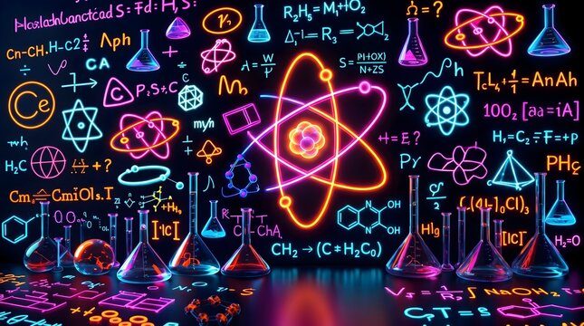 Vibrant neon glowing chemical formulas, physics equations, and molecular structures illuminate laboratory glassware on a reflective dark surface, symbolizing scientific discovery and innovation.