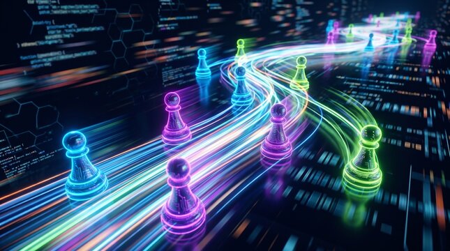 Digital strategy chess pawns moving along glowing data trails in cyberspace