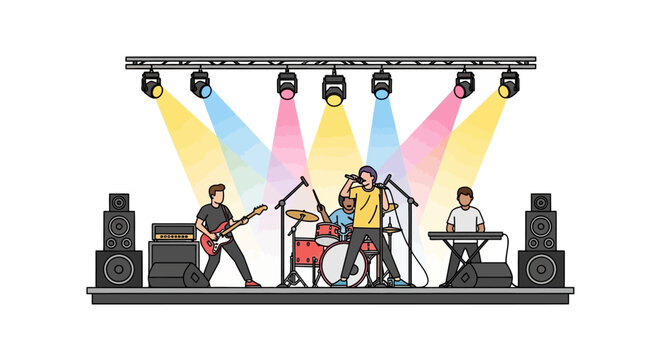 Live rock band performing on stage with colorful lights.