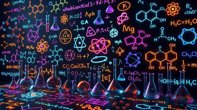Vibrant neon glowing chemical formulas, physics equations, and molecular structures illuminate laboratory glassware on a reflective dark surface, symbolizing scientific discovery and innovation.