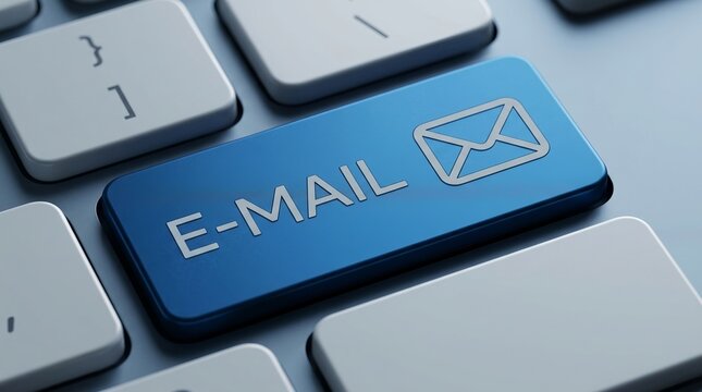 Blue email key on white keyboard with envelope icon for digital communication and business concept