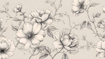 Fototapeta premium An elegant and delicate hand-drawn floral line art pattern showcasing intricate blooms and vines on a light background. Stock Illustration