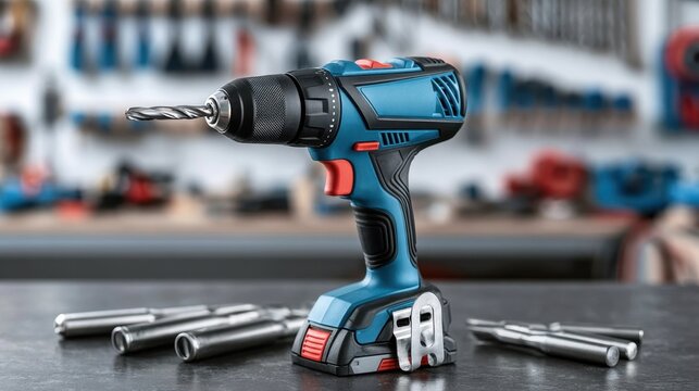Cordless electric drill with drill bit attached standing on workbench with metal socket wrenches in workshop environment with blurred background