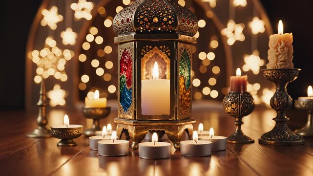 Decorative lantern and candles on wooden surface perfect for UI/UX elements and digital motion graphics