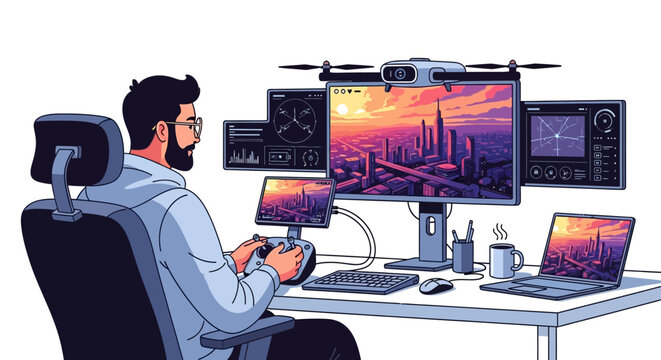 Man controlling drone with multiple monitors.