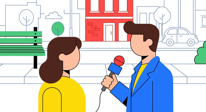 Journalist interviewing a woman on the street.