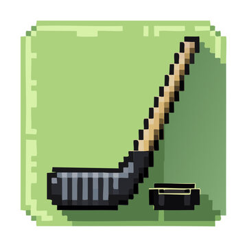 Modern hockey stick with puck pixel illustration for ice sports tournament theme and athletic player icon for competition game design asset collection